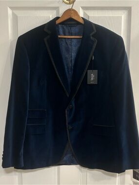TALLIA Men's Dark Navy Velvet Blazer with Contrast Trim